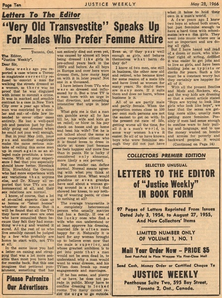 Download the full-sized image of Letters to the editor: "very old transvestite" speaks up for males who prefer femme attire