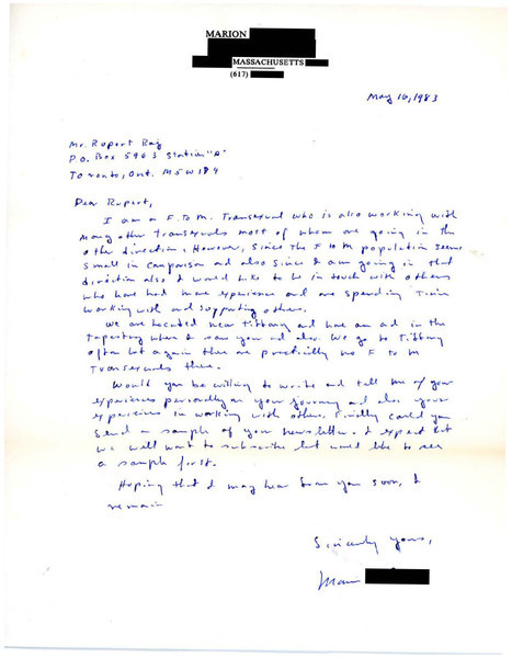 Download the full-sized image of Letter from Marion to Rupert Raj (May 16, 1983)