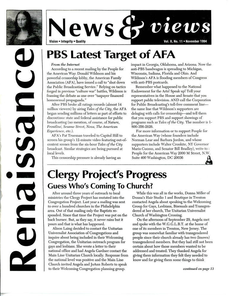 Download the full-sized PDF of Renaissance News & Views, Vol. 8 No. 11 (November 1994)