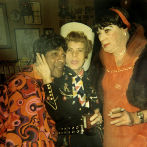 Download the full-sized image of Psychedelic Drag, a Cowgirl, and Luella in a Stole on Halloween, 1970