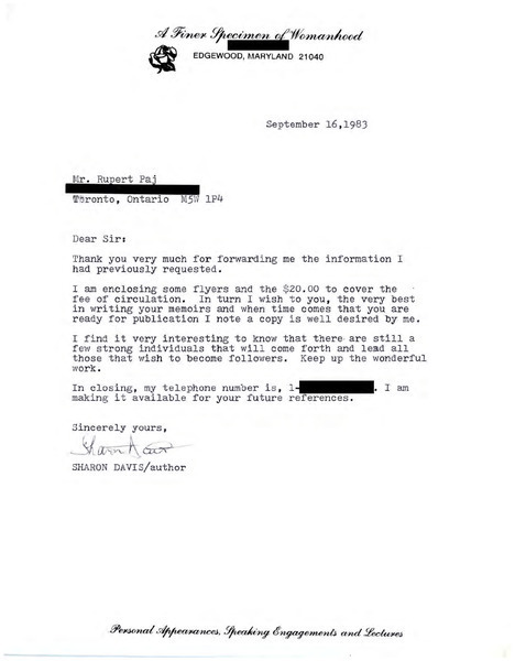 Download the full-sized image of Letter from Sharon Davis to Rupert Raj (September 16, 1983)