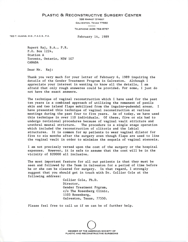 Download the full-sized PDF of Letter to Rupert Raj from Dr. Ted T. Huang (February 14, 1989)