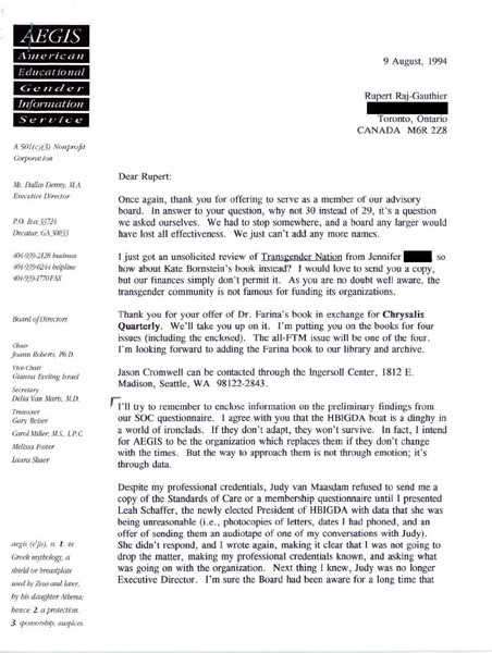 Download the full-sized image of Letter from Dallas Denny to Rupert Raj (August 9, 1994)