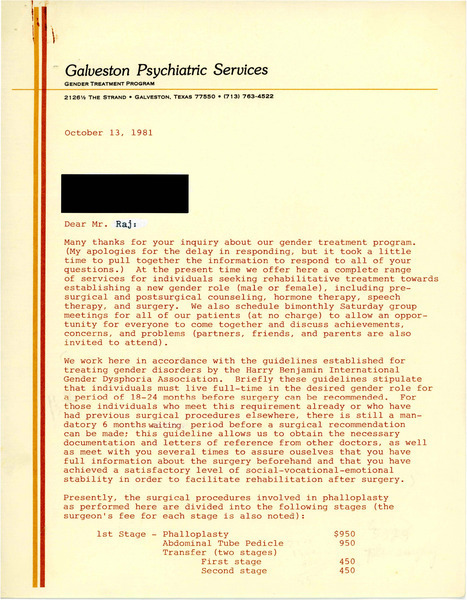 Download the full-sized image of Letter from Collier M. Cole to Rupert Raj (October 13, 1981)