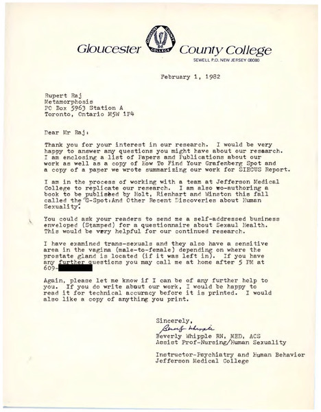 Download the full-sized image of Letter from Beverly Whipple to Rupert Raj (February 1, 1982)