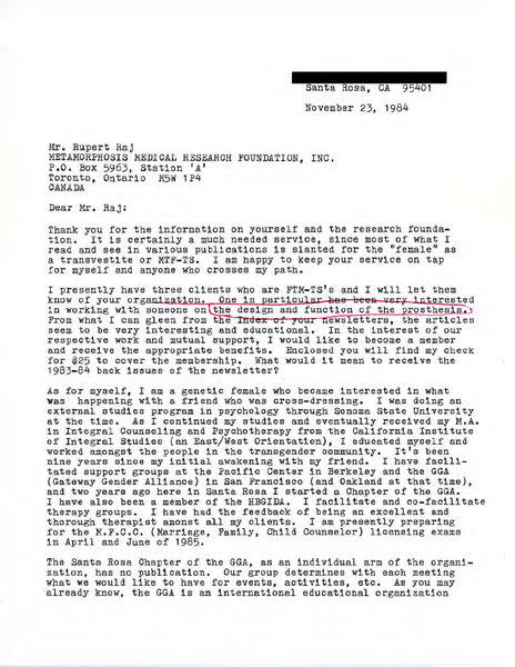 Download the full-sized PDF of Letter from Maria Scafidi to Rupert Raj (November 23, 1984)