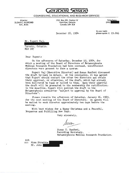 Download the full-sized image of Letter from Susan Huxford to Rupert Raj (December 18, 1984)