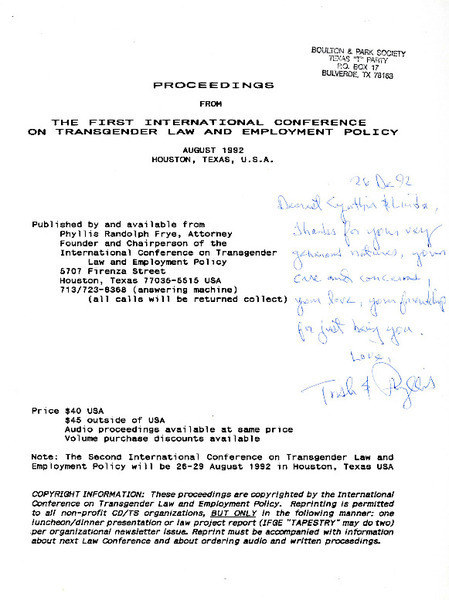 Download the full-sized image of Proceedings from the International Conference on Transgender Law and Employment Policy (August, 1992)