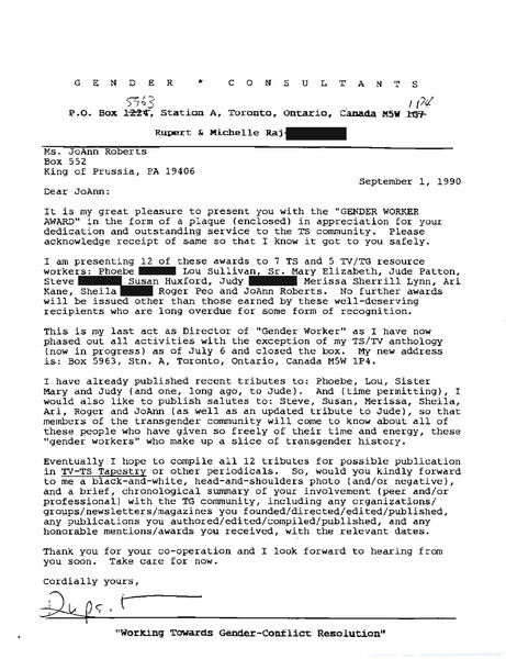 Download the full-sized image of Letter from Rupert Raj to JoAnn Roberts (September 1, 1990)
