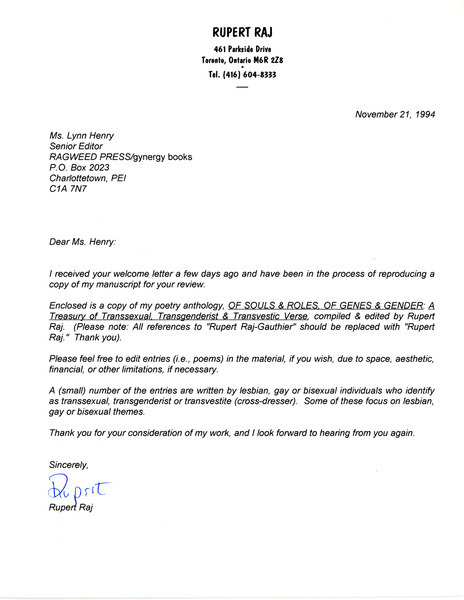 Download the full-sized image of Letter from Rupert Raj to Lynn Henry (November 21, 1994)