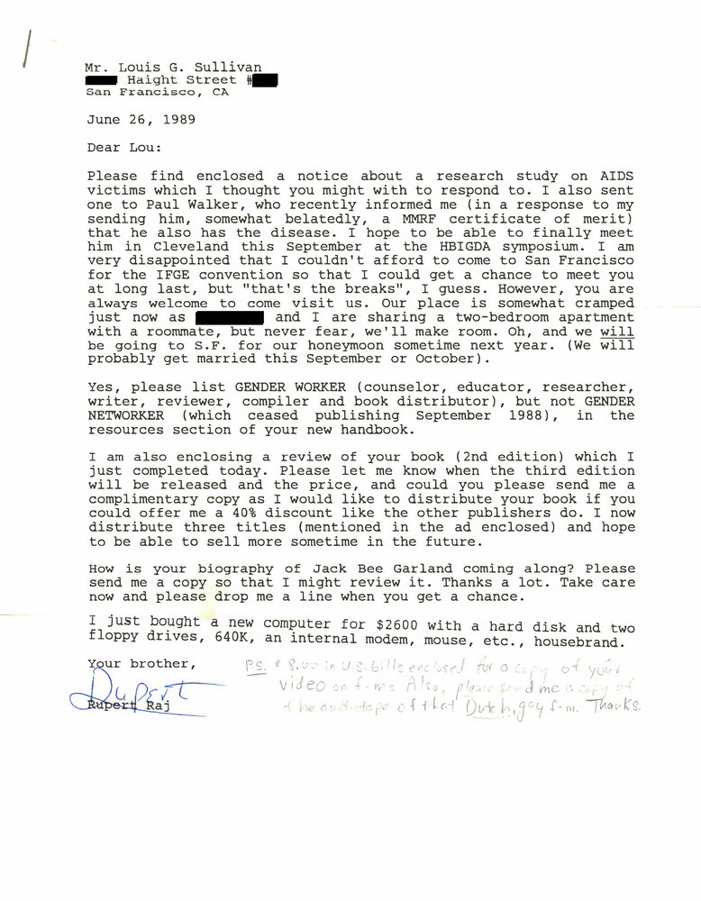 Download the full-sized PDF of Correspondence from Rupert Raj to Lou Sullivan (June 26, 1989)