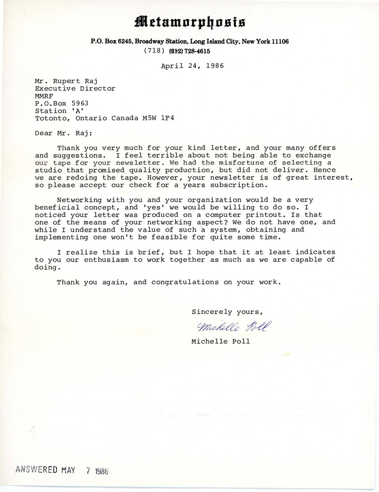 Download the full-sized PDF of Letter from Michelle Poll to Rupert Raj (April 24, 1986)
