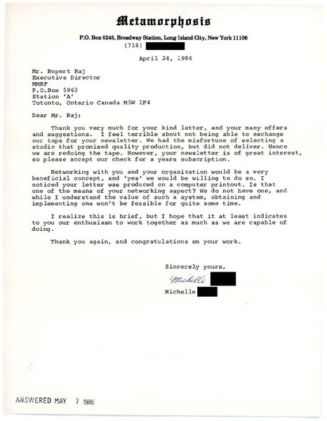 Download the full-sized PDF of Letter from Michelle Poll to Rupert Raj (April 24, 1986)