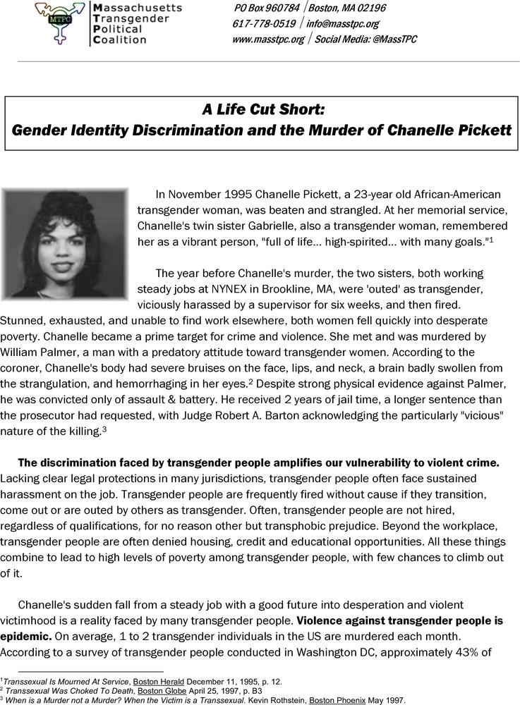 Download the full-sized PDF of A Life Cut Short: Gender Identity Discrimination and the Murder of Chanelle Pickett
