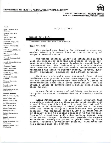 Download the full-sized image of Letter from Milton T. Edgerton to Rupert Raj (July 21, 1983)