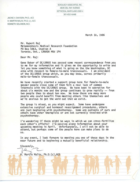 Download the full-sized image of Letter from H. Martin Malin to Rupert Raj (March 18, 1986)