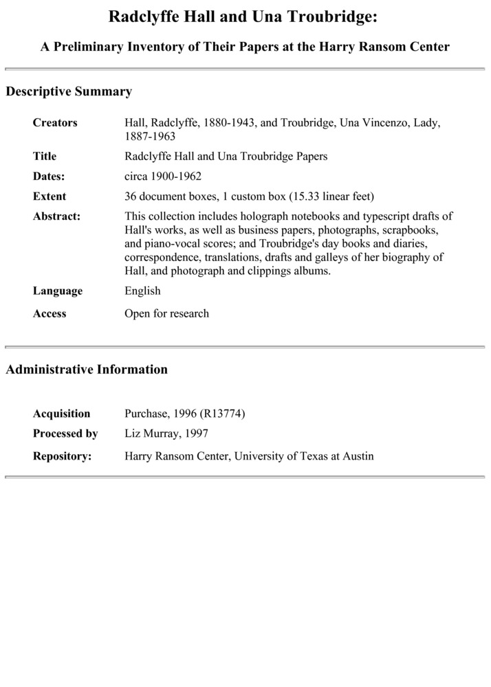 Download the full-sized PDF of Radclyffe Hall and Una Troubridge: A Preliminary Inventory of Their Papers at the Harry Ransom Center