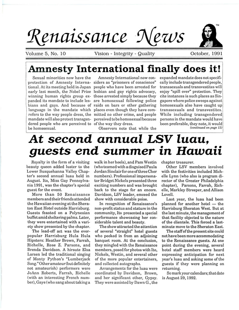 Download the full-sized PDF of Renaissance News, Vol. 5 No. 10 (October 1991)