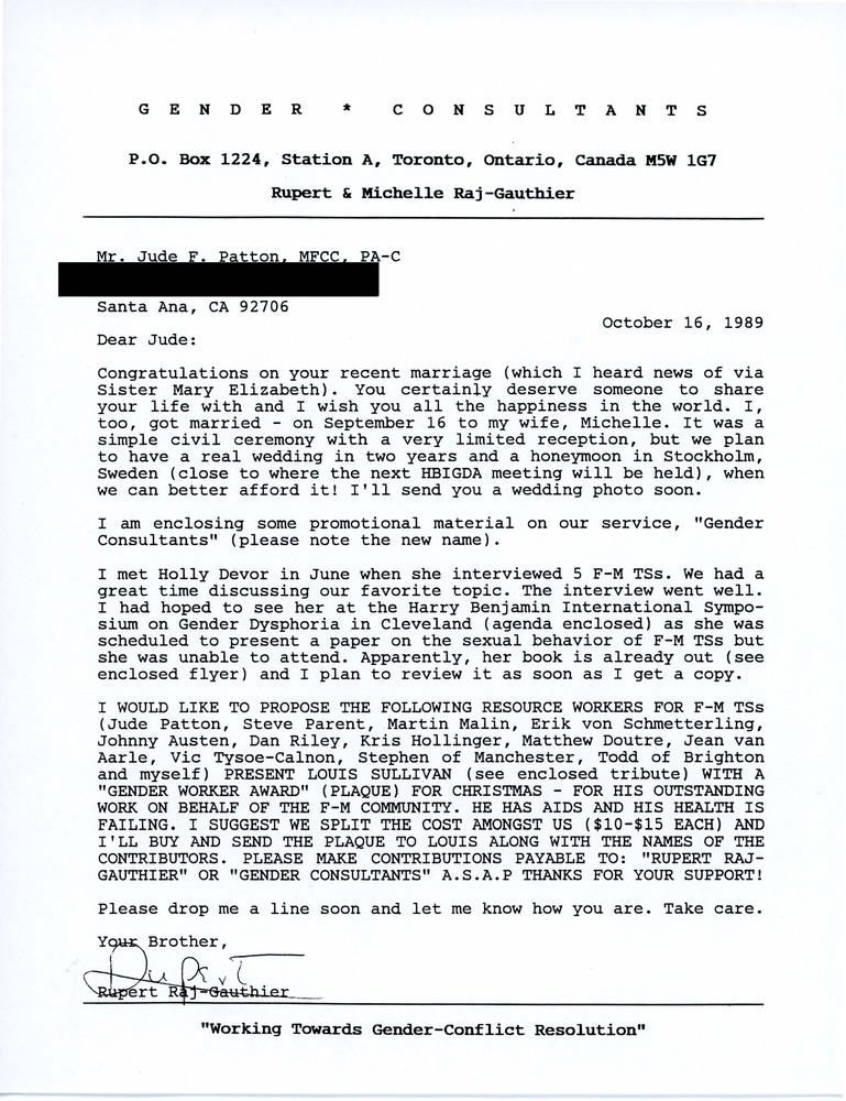 Download the full-sized PDF of Letter from Rupert Raj to Jude F. Patton (October 16, 1989)