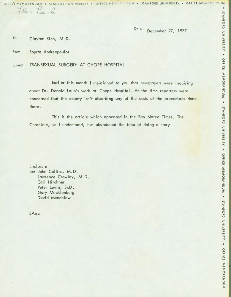 Download the full-sized PDF of Correspondence Regarding "Transexual Surgery at Chope Hospital"