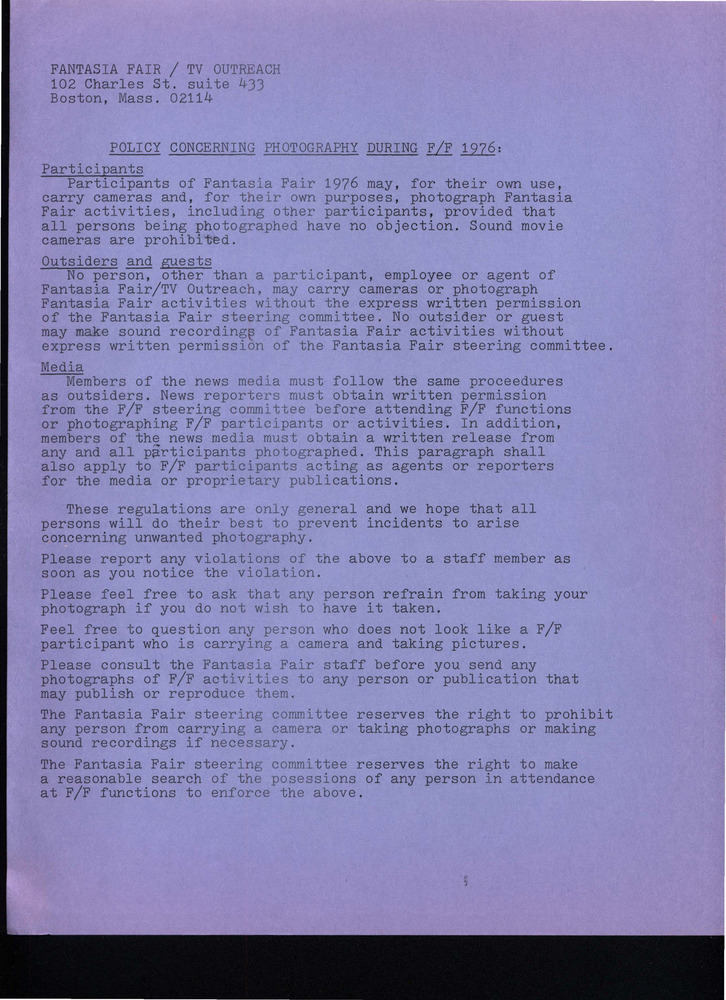 Download the full-sized PDF of Policy Concerning Photography During Fantasia Fair 1976