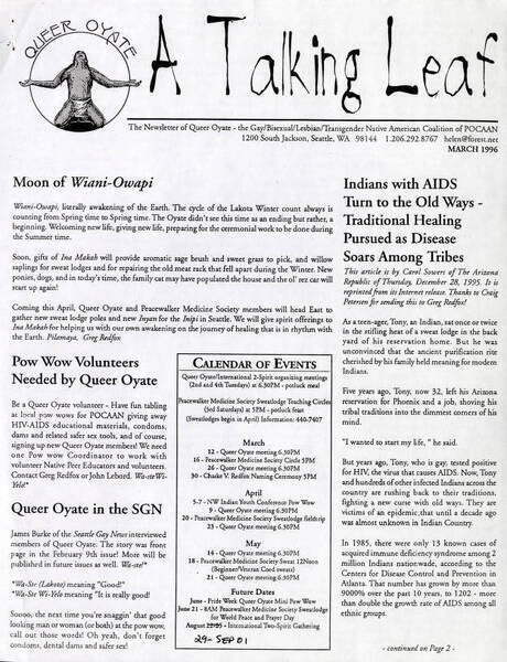 Download the full-sized image of Queer Oyate Newsletter, A Talking Leaf, March 1996
