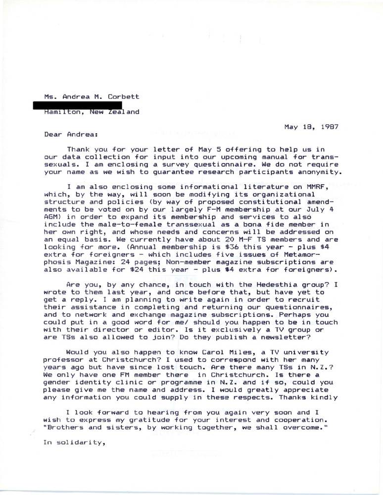 Download the full-sized PDF of Letter from Rupert Raj to Andrea M. Corbett (May 18, 1987)