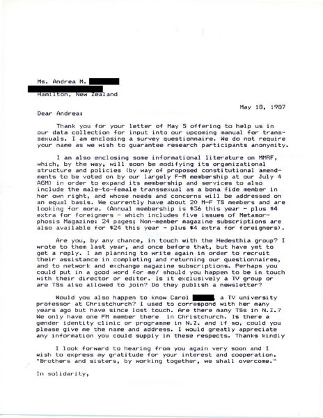 Download the full-sized PDF of Letter from Rupert Raj to Andrea M. Corbett (May 18, 1987)