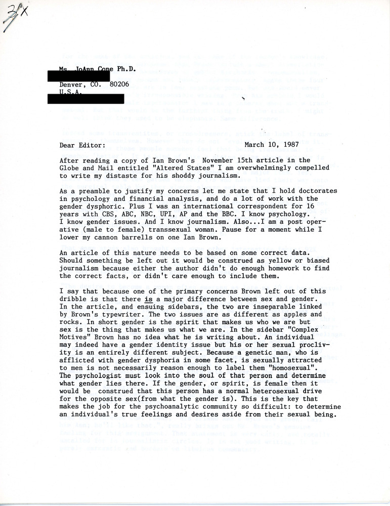 Download the full-sized PDF of Letter from Dr. JoAnn Cone to Editor of Globe and Mail (March 10, 1987)