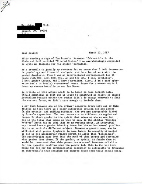 Download the full-sized image of Letter from Dr. JoAnn to Editor of Globe and Mail (March 10, 1987)