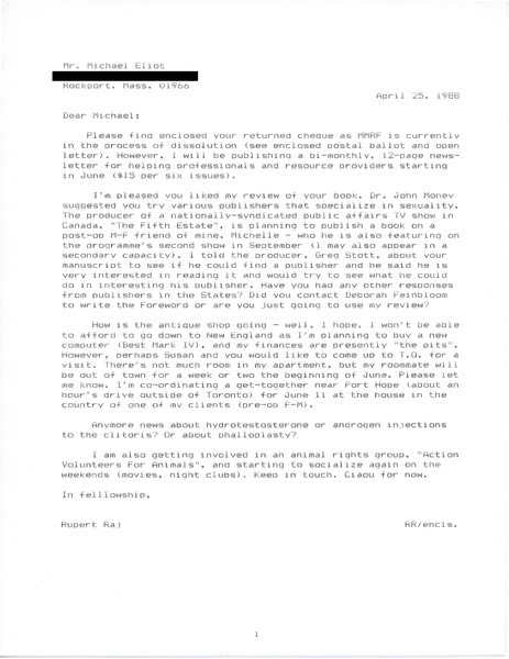 Download the full-sized image of Letter from Rupert Raj to Michael Eliot (April 25, 1988)