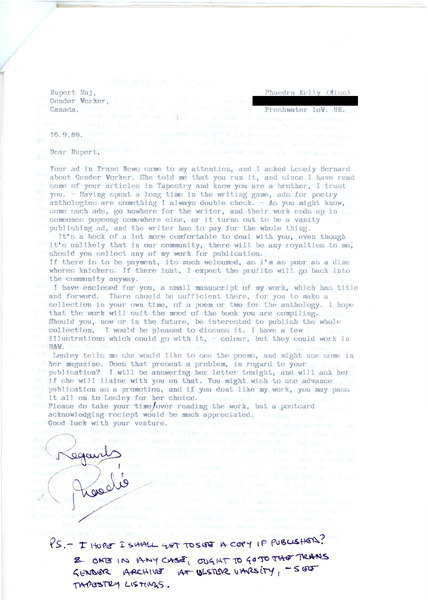 Download the full-sized image of Letter from Phaedra Kelly to Rupert Raj (September 16, 1989)