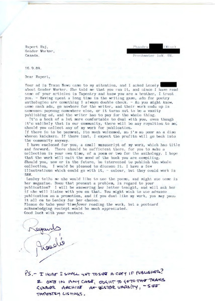 Download the full-sized image of Letter from Phaedra [redacted] to Rupert Raj (September 16, 1989)