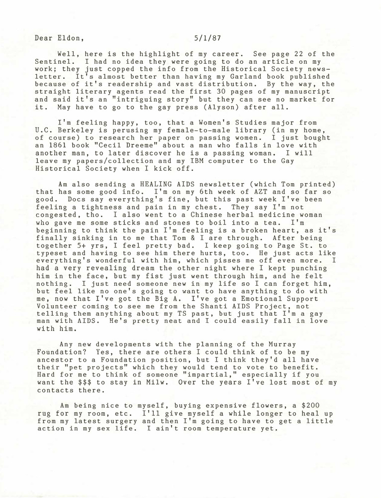 Download the full-sized PDF of Correspondence from Lou Sullivan to Eldon Murray (May, 1987)