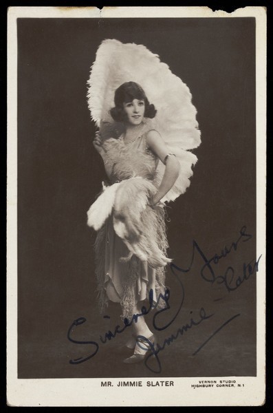 Download the full-sized image of Jimmie Slater in drag. Photographic postcard, 192-.