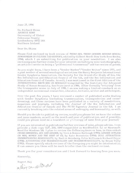 Download the full-sized image of Letter from Rupert Raj to Richard Ekins (June 27, 1994)