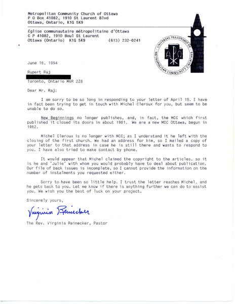 Download the full-sized image of Letter from Rev. Virginia Reinecker to Rupert Raj (June 16, 1994)