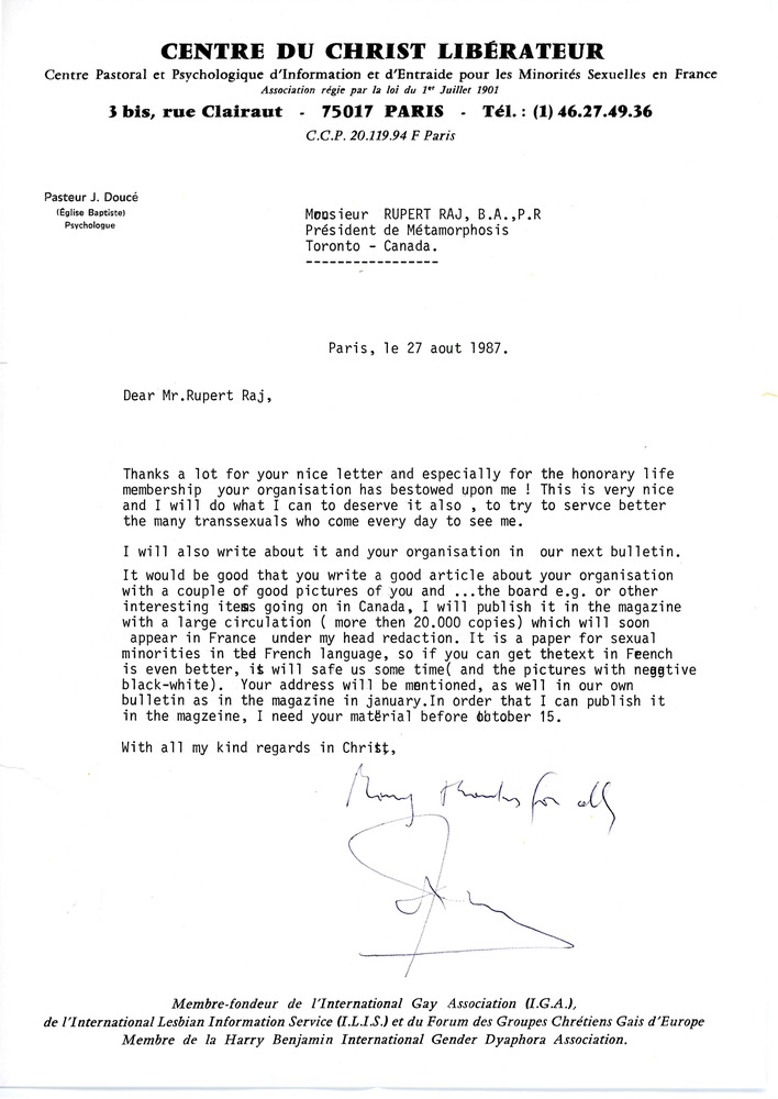 Download the full-sized PDF of Letter from Pasteur J. Doucé to Rupert Raj (August 27, 1987)