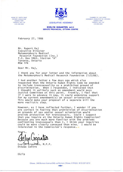 Download the full-sized image of Letter from Evelyn Gigantes to Rupert Raj (February 27, 1986)