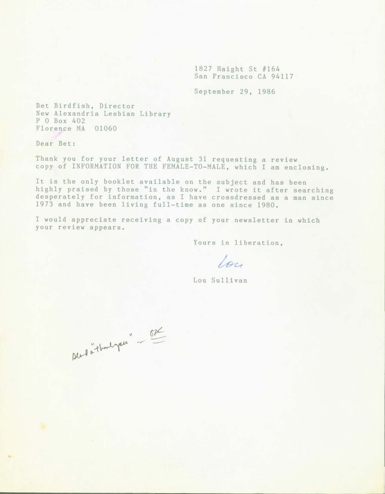 Download the full-sized PDF of Letter from Lou Sullivan to Bet Power (September 29, 1986)