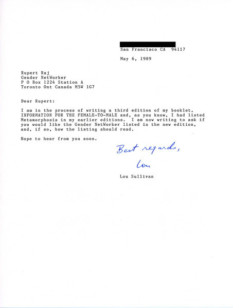 Download the full-sized image of Letter from Lou Sullivan to Rupert Raj (May 6, 1989)