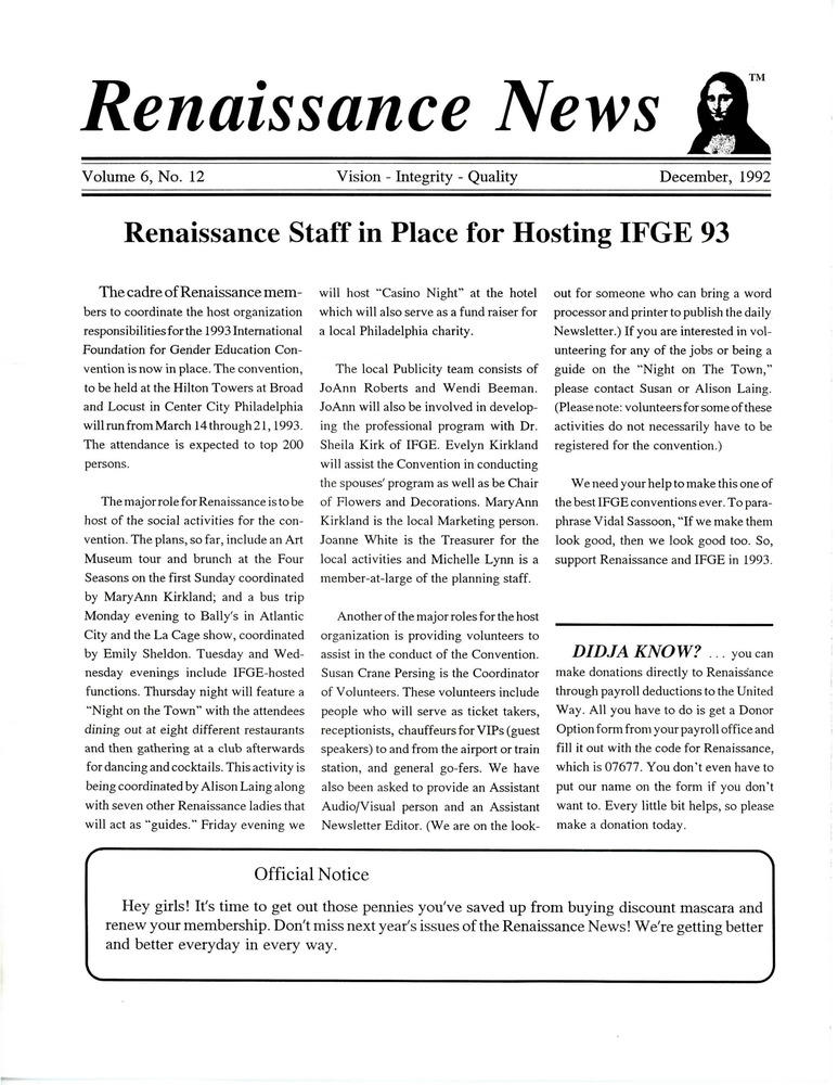 Download the full-sized PDF of Renaissance News, Vol. 6 No. 12 (December 1992)