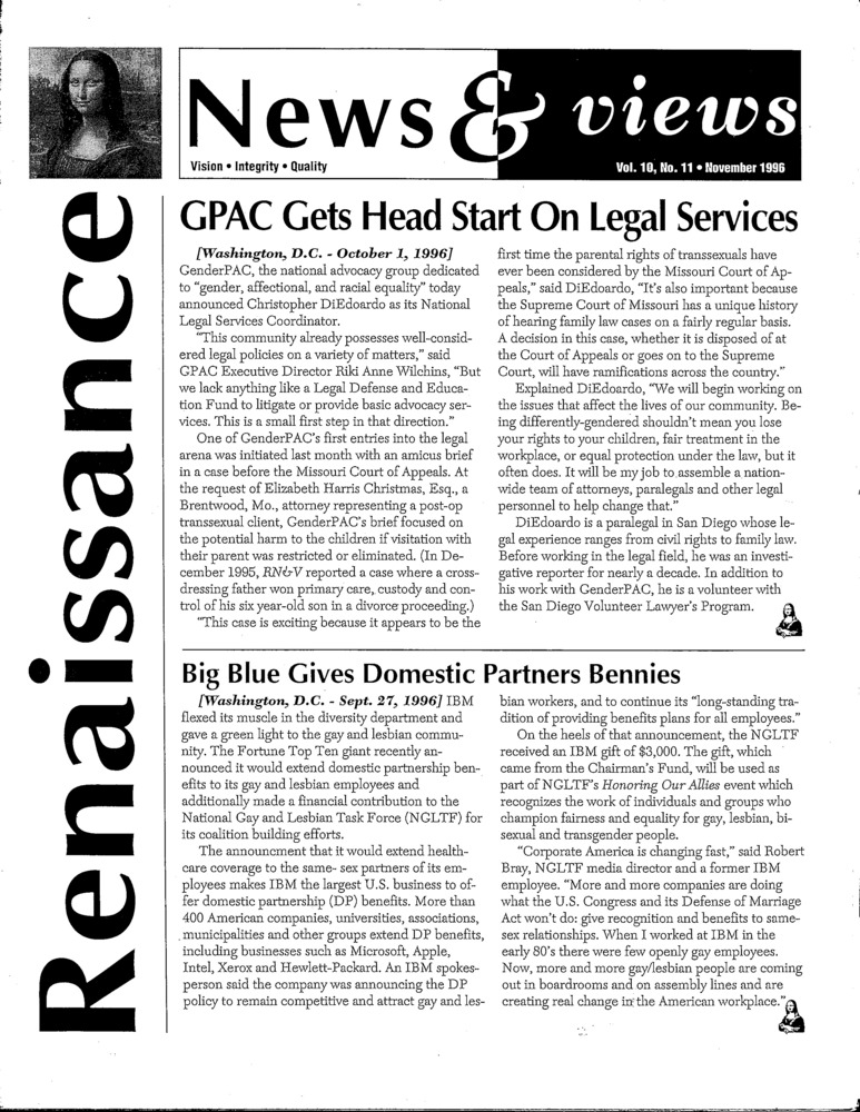 Download the full-sized PDF of Renaissance News & Views, Vol.10 No.11 (November 1996)