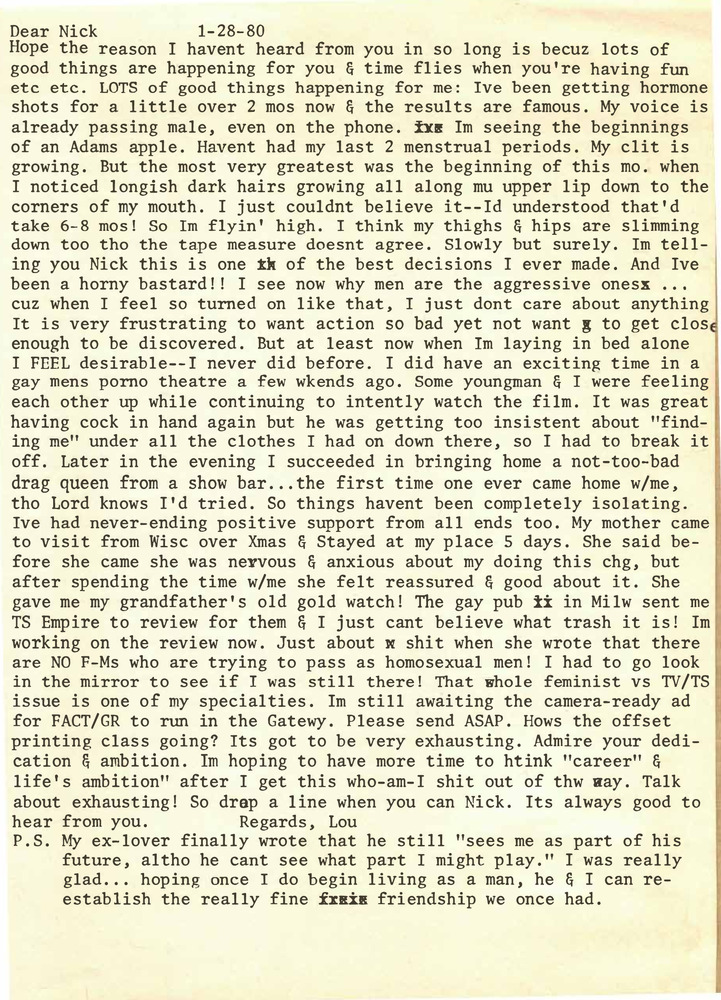 Download the full-sized PDF of Correspondence from Lou Sullivan to Nicholas Ghosh (January 28, 1980)