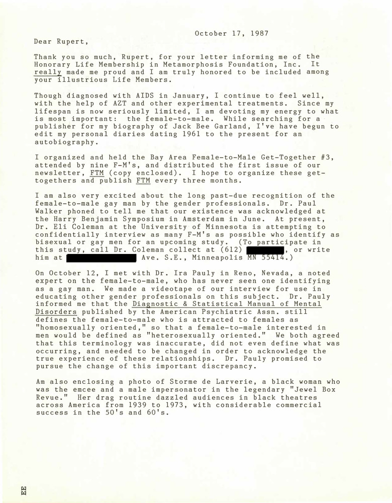 Download the full-sized PDF of Correspondence from Lou Sullivan to Rupert Raj (October 17, 1987)