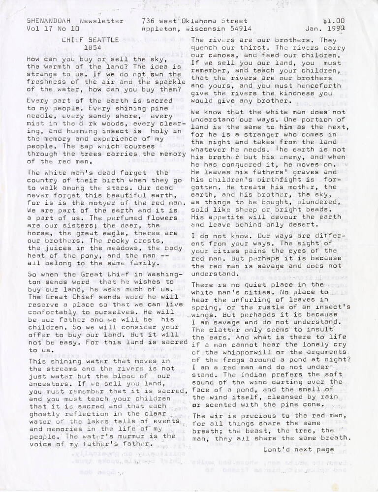 Download the full-sized image of Shenandoah Newsletter, Volume 17, Number 10, January 1991