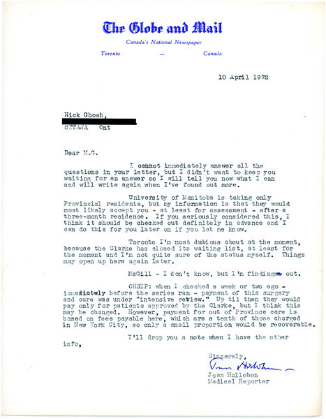 Download the full-sized image of Letter from Joan Hollobon to Rupert Raj (April 10, 1972)