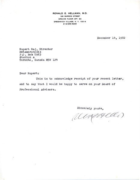 Download the full-sized image of Letter from Dr. Ronald E. Hellman to Rupert Raj (December 14, 1982)