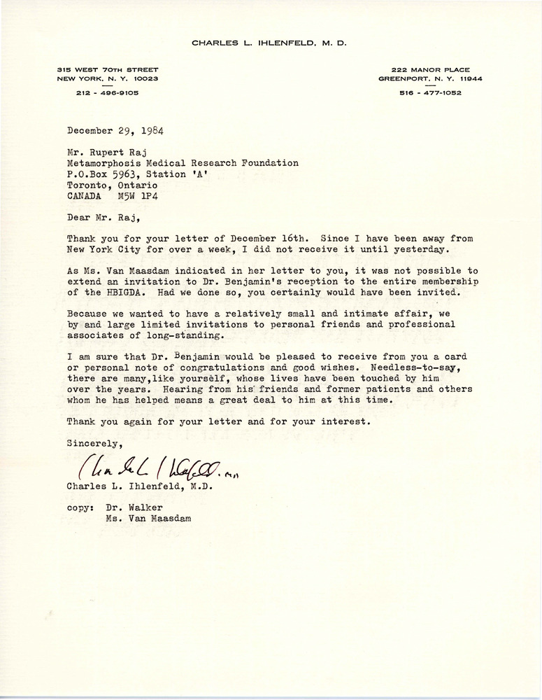 Download the full-sized PDF of Letter from Charles Ihlenfeld to Rupert Raj (December 29, 1984)
