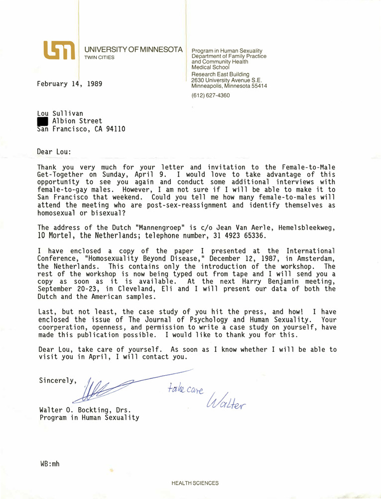 Download the full-sized PDF of Correspondence from Walter Bockting to Lou Sullivan (February 14, 1989)
